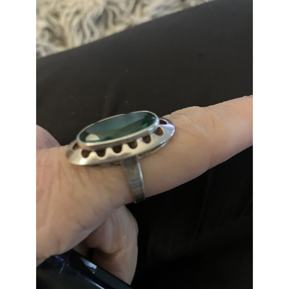 Vintage MCM Green Gemstone Ring Sterling Silver Faceted Marquise Lrg 925 Sz 8.5 - Picture 4 of 9